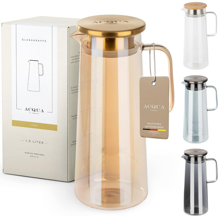 Glass Giraffe with Lid | Water Carafe 1.5 Liter | Glass Jug with Lid | Leak-proof & High Quality | Glass Carafe ideal for Lemonade, Water & Tea (GOLD/GOLD)
