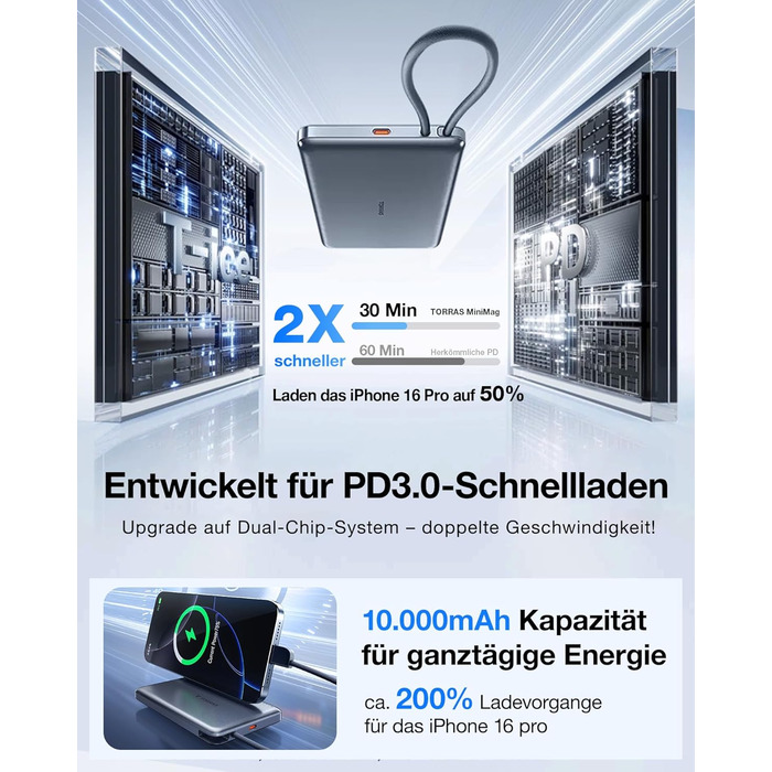 Портативний зарядний пристрій TORRAS Slim Powerbank 10000mAh з кабелем USB-C, 22.5W PD3.0, для iPhone, Samsung, AirPods, білий