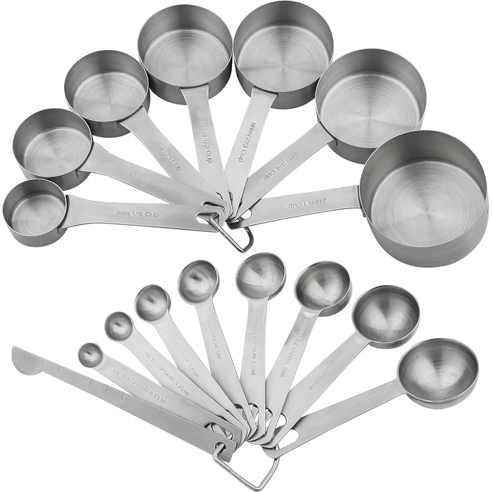 Measuring Cup and Spoon Set - 18 Piece, 18/8 (304) Stainless Steel, Robust Material - 7 Measuring Cups, 8 Measuring Spoons, 1 Leveler, 2 Rings
