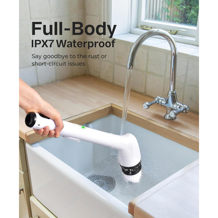 Електрична щітка для прибирання LyriFine, водонепроникна IPX7, з довгим руків'ям, 2 швидкості, з набором змінних насадок, для ванної кімнати, білий