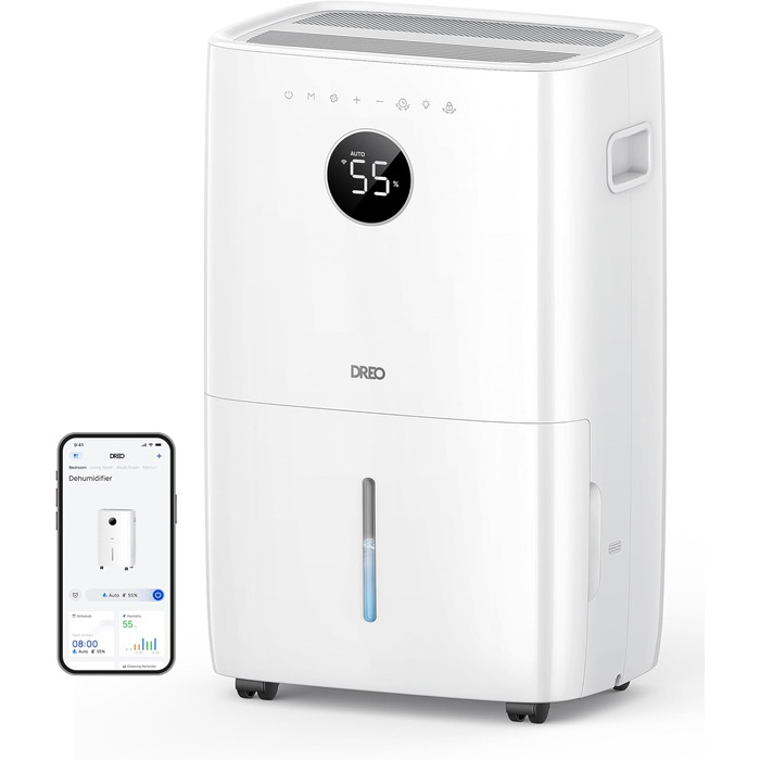 Dreo Розумний осушувач повітря / 24 год, для приміщень 37 м² – енергоефективний та тихий – керування через додаток & Alexa – 3 режими, таймер, регульована вологість, з відводом води, для спальні та ванної кімнати, білий (52L)