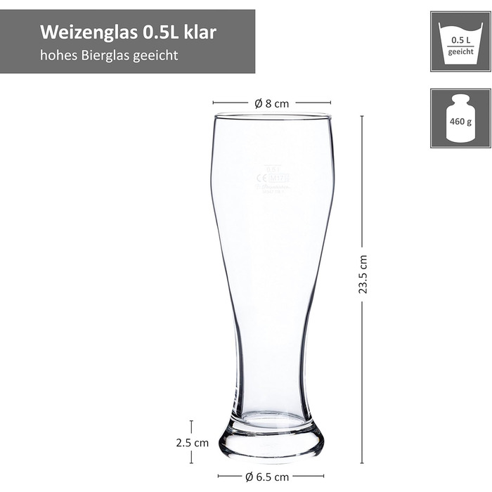 Набір келихів для пшеничного пива Van Well 0,5 л, прозорі, 6 шт. — Склянки для білого пива, підходять для гастрономії та барів, стійкі до миття в посудомийній машині