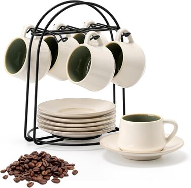 Набір керамічних чашок та підставок для кави з металевим стійкою (6 шт.), 130 мл - Cappuccino, Espresso, Latte, Americano, Чай, чорний колір