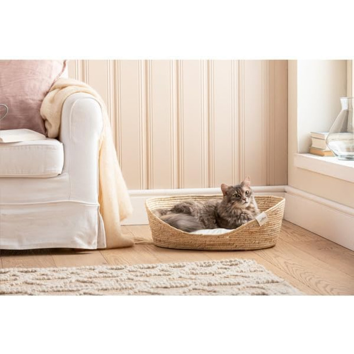 Кругле ліжко Dehner Premium Lovely для котів та собак, 58 x 48 x 18 см, наповнювач з натуральних матеріалів та плюшу, білий/бежевий колір
