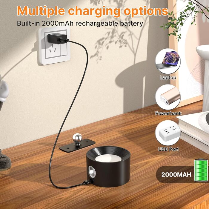 LED настільна лампа настінна з USB-зарядкою, 3 кольори та 3 рівні яскравості, 360° поворот, сенсорне керування, 2 шт. (білий, чорний)