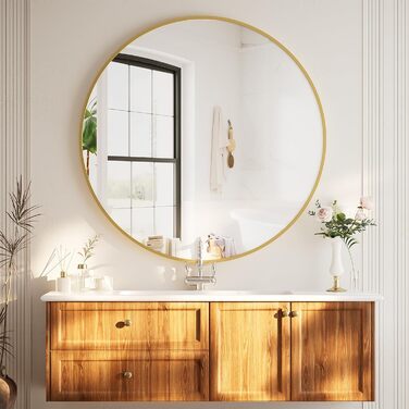 BEAUTYPEAK Дзеркало кругле 60 см з декоративним алюмінієвим каркасом, безпечне для ванної кімнати, для спальні, вітальні (106x106 см, золото)