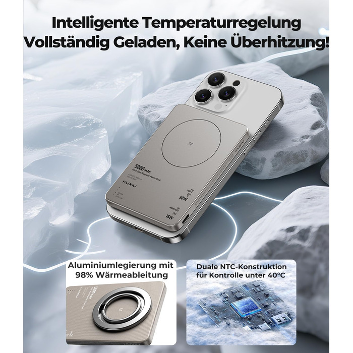 Power Bank KU XIU Magsafe 5000mAh: Тонкий, з підтримкою MagSafe, з кільцем для кріплення, PD 20W, для iPhone 17/16/15/14/13/12 (Титан)