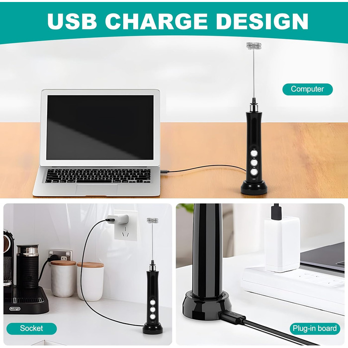 Електричний пінозбивач для молока SUNJULY, USB, 3 швидкості, для кави, лате, капучино, матча, збивання яєць (чорний)