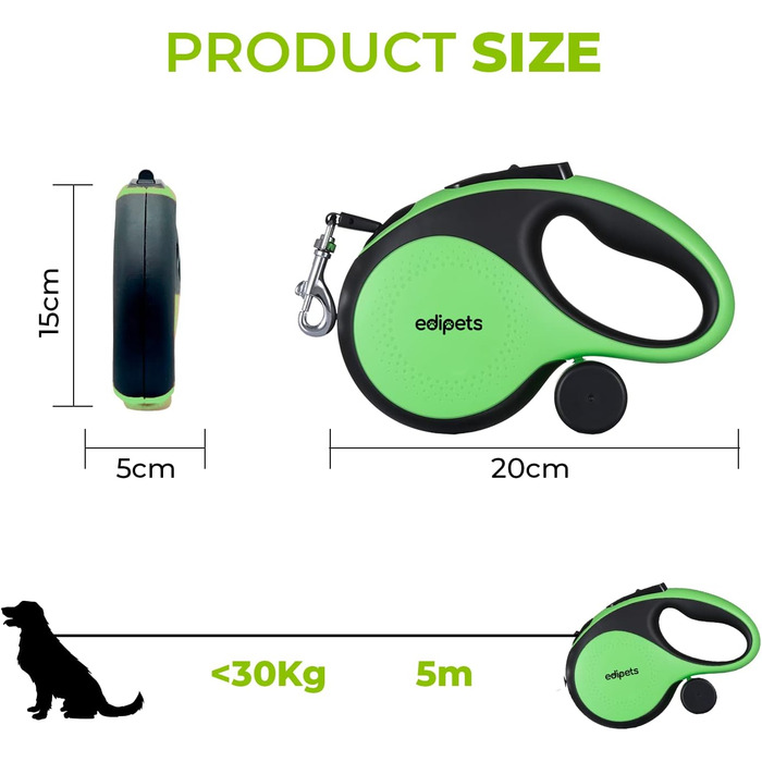 Hundeleine Edipets висувна та звичайна, 5/8 м, для собак маленьких, середніх та великих порід, для прогулянок та тренувань (зелена)