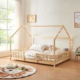 en.casa Kids Bed Sisimiut House Bed 140 x 200 cm with Side Rails Wooden Bed for Children Floor Bed Slatted Frame Pine Wood Wood Finish Wood 140x200cm