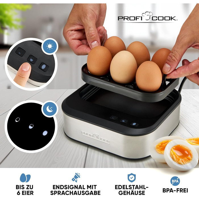 Електричний яйцеварка ProfiCook PC-EK 1276: 6 яєць, 3 ступені нагріву (м'який/середній/твердий), нержавіюча сталь