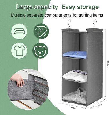 Органайзер для шафи AiQInu з 3 відділеннями, підвісний, бамбуковий, сірий (з гачками)