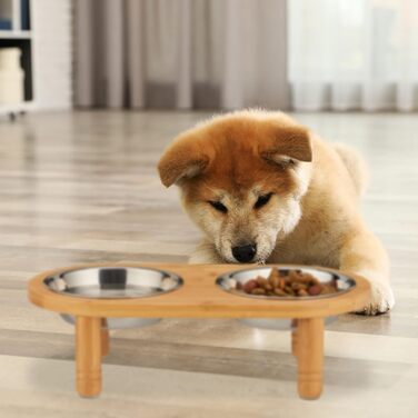 Підставка для корму Relaxdays для маленьких собак, 2 миски по 300 мл, піднята, бамбук та нержавіюча сталь, розміри: 9,5x34,5x18 см, колір: натуральний/сріблястий