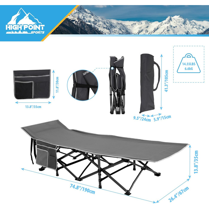 Розкладне ліжко для кемпінгу HIGH POINT SPORTS XXL (270 кг), стабільне, легке, для дорослих, з сумкою та кишенею, 190 x 67 x 35 см (сірий)