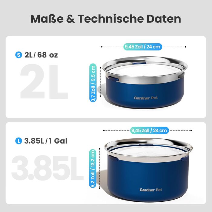 Миска для води для собак Gardner Pet без облизування, нержавіюча сталь, проти протікання, запобігає ковтання, для великих собак, для дому та вулиці, (2L, блакитна)
