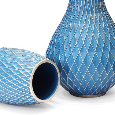 Декоративна ваза для дому, блакитно-золота, з діамантовим візерунком, овальна | Декор інтер'єру, подарунок на новосілля