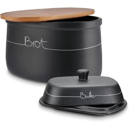 Набір контейнерів для зберігання KHG для кухні антрацитово-сірого кольору з дерев'яною кришкою, контейнери для продуктів з кераміки, з маркуванням, набір органайзерів для кухні, без пластику та світлонепроникні (хлібниця та маслобниця)