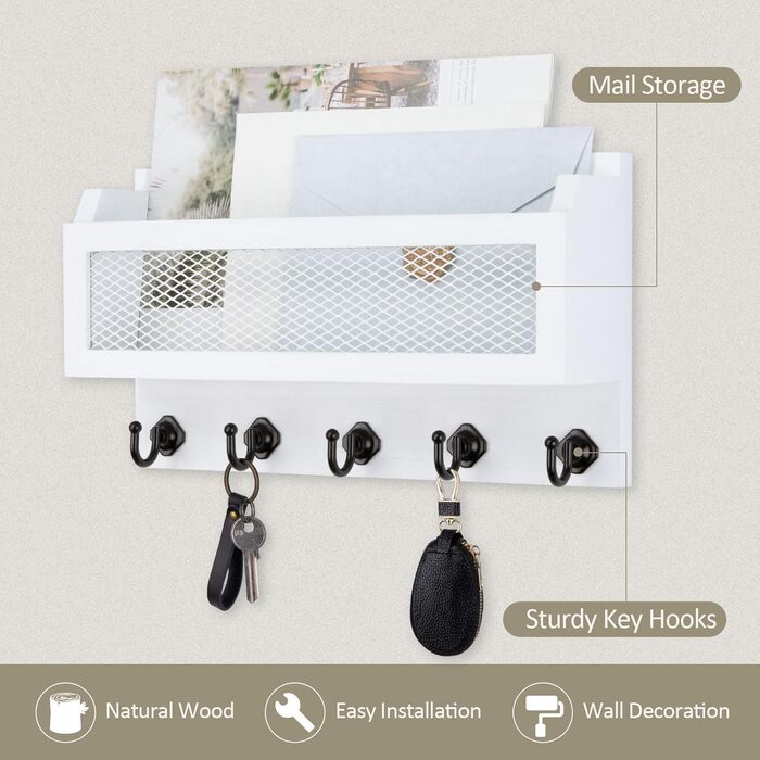 Brief and Key Holder for Wall Decoration, 27.9 cm (11 inches) Wooden Wall Key Organizer with 5 Key Hooks, Wall Mount, Storage Shelf for Entryway, Hallway (white)
