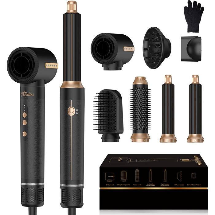 Atopskins 7-в-1 Airstyler: професійний набір для укладки волосся, 110000 об/хв, 1400 Вт. Фен-щітка, локон, випрямляч, іонізація. Для об'єму, сушіння та укладки. Чорний та золотий колір.