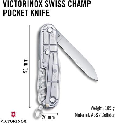 Мультитул Victorinox Swiss Champ: 33 функції, ніж, відкривачка, викрутка, прозорий сріблястий