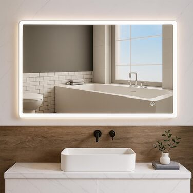 Дзеркало для ванної кімнати з підсвічуванням 70x50 см | LED дзеркало | IP54 вологостійке | Сенсорне управління | Настінне дзеркало | Горизонтальна/Вертикальна установка 6500K холодне біле світло