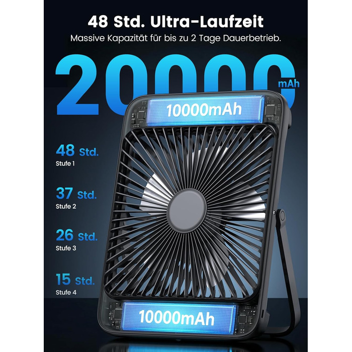 Вентилятор для кемпінгу Warmco 20000mAh з лампою та дисплеєм, 15-48 годин роботи, тихий, ультратонкий, з гачком, USB, чорний