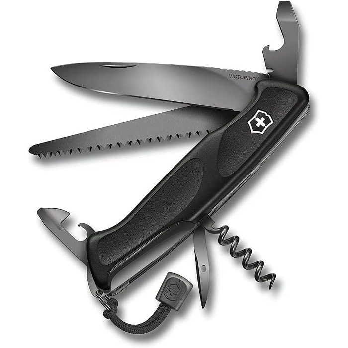 Victorinox Swiss Army Knife Ranger Grip 55 Onyx Black (12 Functions, Locking Blade, Wood Saw), black, 130mm Bundle with Knife Sharpener
