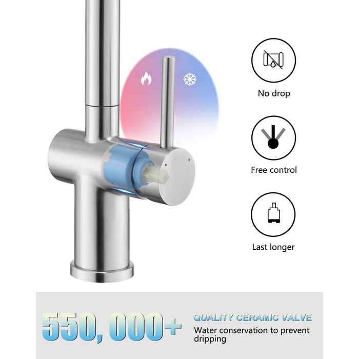 Змішувач кухонний з висувною лійкою, високого тиску, з двома режимами струменя, поворотний на 360°, L-подібний, з нержавіючої сталі (шліфований)