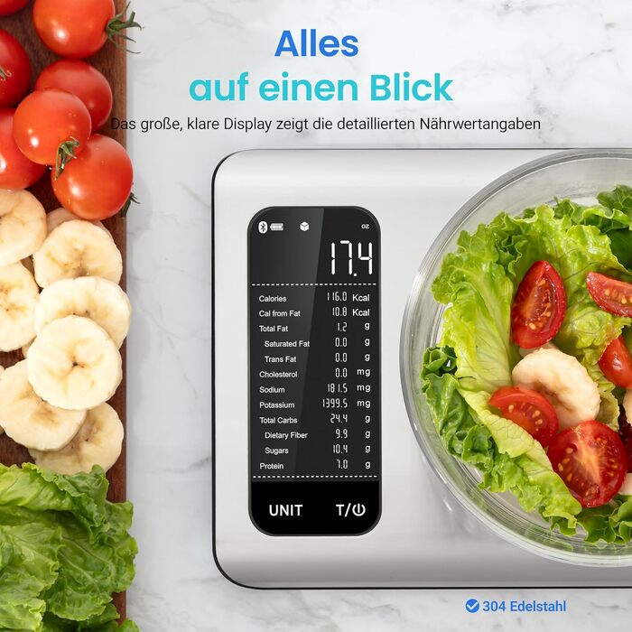 Cosori Digital Kitchen Scale with Nutrition Tracking - 5kg Stainless Steel Food Scale for Weight Loss - Tracks 19 Nutrients & Calories