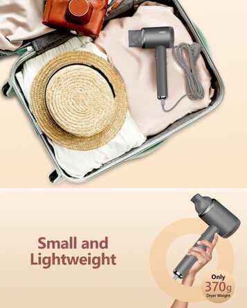 Іонізатор для волосся DEWILY, фен з магнітним дифузором, 110,000 RPM безщітковий мотор, швидке сушіння, подорожний фен, 300 мільйонів негативних іонів, сірий (з 2 насадками) Classic Grey