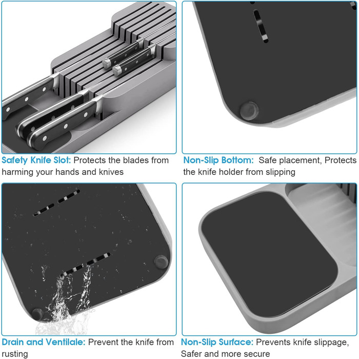 Органайзер для ножів у шухляду двоярусний, на 9 ножів, сірий - безпечне та компактне зберігання