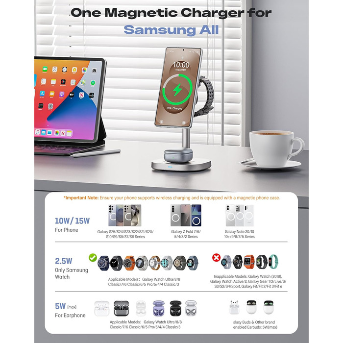 Бездротовий зарядний пристрій 3-в-1 Samsung 15W з охолодженням TEC, MagSafe для Galaxy S26 Ultra/S25/S24/Z Fold 7/Flip7, Watch Ultra/8/7, Buds4pro (Титан Золото)