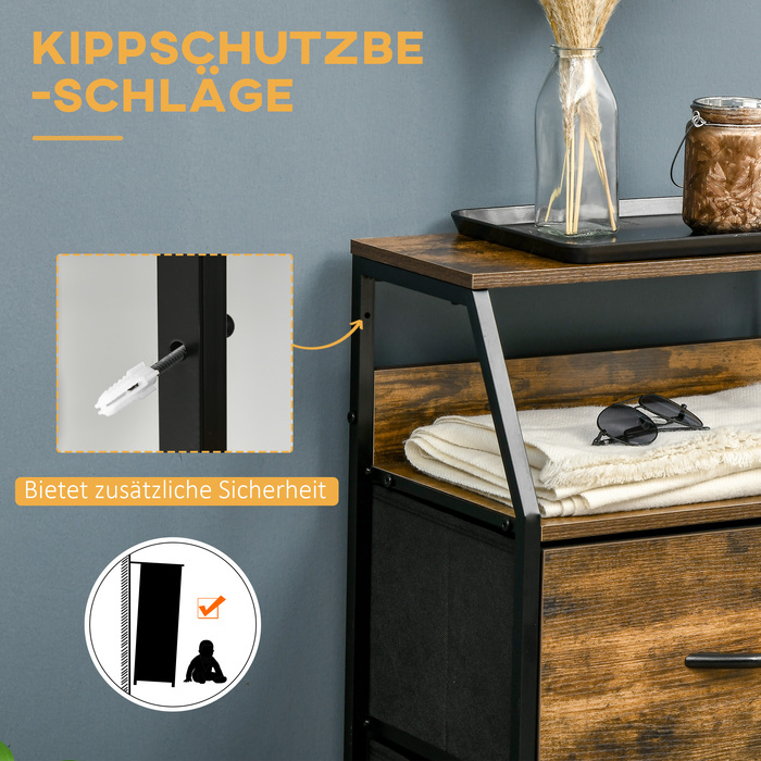 HOMCOM Fabric Chest of Drawers Storage Cabinet with 3 Drawers, Shelf Storage Dresser with Steel Frame Closet for Bedroom, Living Room Rustic Brown | Aosom