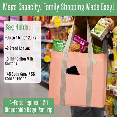 VENO 34 Liter Large Shopping Bag Foldable with Sturdy Bottom and Front Pocket, Reusable Shopping Bags Water-Resistant Tote Bag Shopping Basket for Shopping Picnic (Pink, 4-Pack)