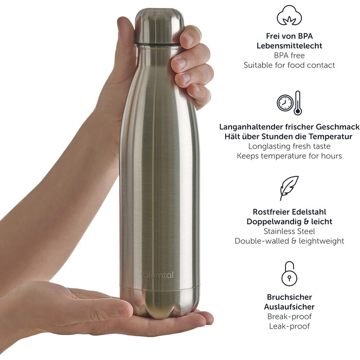Фляга Blumtal 500 мл з нержавіючої сталі: ізольована, не протікає, BPA-free, для холодних та теплих напоїв, двостінна, стійка до корозії, блакитна