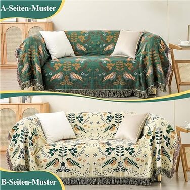 HOORDRY Boho Throw Blanket for Bed - 100% Cotton Ultra Soft Rustic Quilt - Bird Floral Printed Farmhouse Decor Bedspread, All Season Rustic Throw for Sofa Couch Chair Green Bird 230×250CM