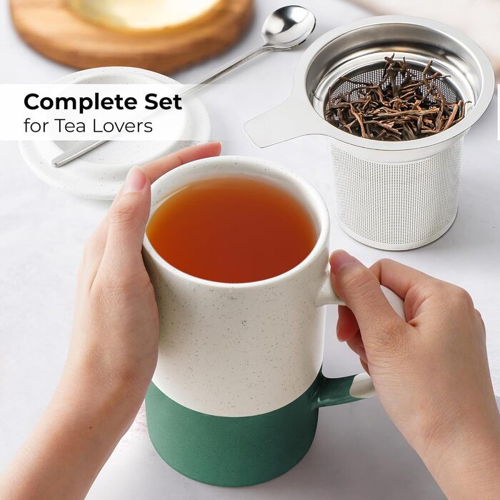 Набір чашок для чаю Miamio 2 шт по 500 мл з кришкою та ситом, керамічні чайники з чайним ситом та ложкою для заварювання листового чаю, подарунок для жінок, безпечні для мікрохвильової печі та посудомийної машини (Темно-зелений)