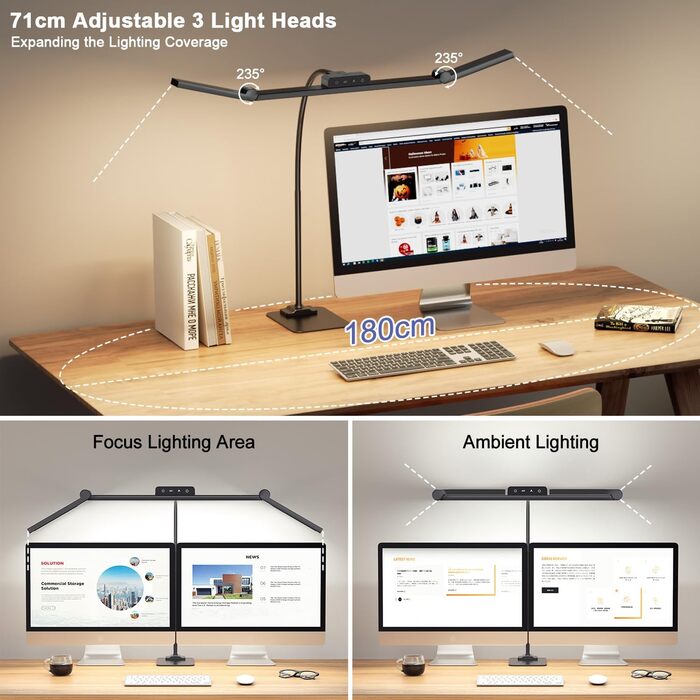 LED лампа настільна з кріпленням, 24W, 3 лампи, регулювання яскравості для офісу, 1200LM, захист очей, гнушкий «лебединий» шийка, 4 колірні температури, таймер 30 хв (чорний)