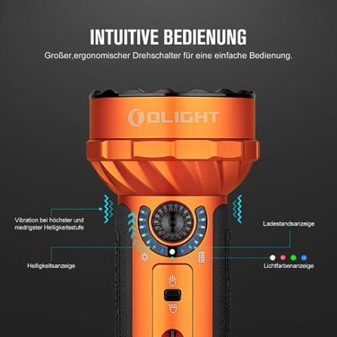OLIGHT Marauder Mini LED ліхтар Super Hell 7000 Lumen, 600 метрів, перезаряджуваний, з прожектором та світловим потоком, 3 кольори LED, датчик відстані, для активного відпочинку (Orange)
