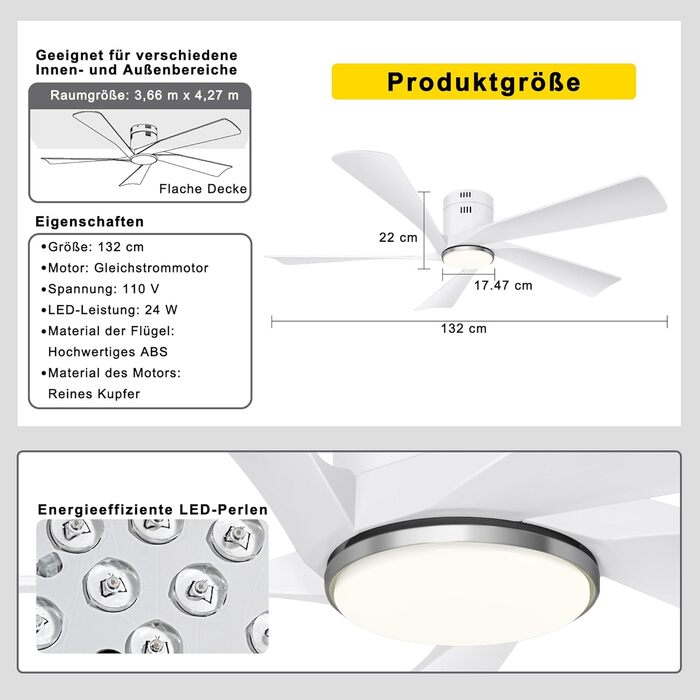 Deckenventilлятор Ohniyou 132 см (52 дюйми) з освітленням, пультом ДУ та керуванням через додаток, регульована яскравість, тихий DC-двигун, для спальні, вітальні, тераси (білий)