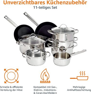Amazon Basics Набір посуду 11 предметів, нержавіюча сталь, підходить для індукції, з кришками, сріблястий