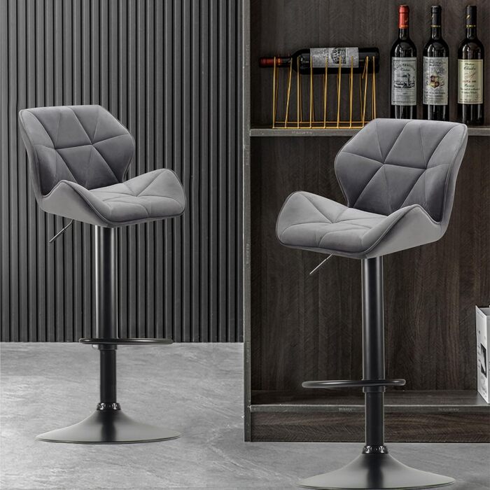 WangPangzi Adjustable Bar Stools 2-Pack with Backrest - Padded Leatherette & Steel Kitchen Bar Chairs with Footrest - for Counter, Kitchen, Hotel, Bar (Black & Dark Gray Velvet)