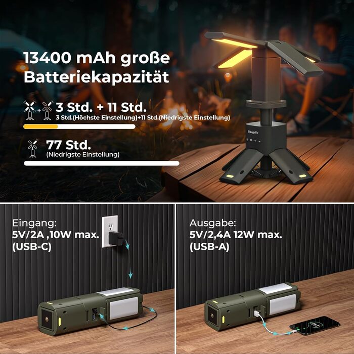 BougeRV Camping Lantern with 13400mAh, Rechargeable Camping Light, Adjustable Height and Angle, 6000LM, IPX5 Waterproof, Camping Lantern for Camping, Travel, Emergency