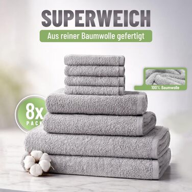 Набір махрових рушників NatureMark, 8 предметів, 100% бавовна, сріблясто-сірі (4 гостьових, 2 гігієнічних, 2 банні)