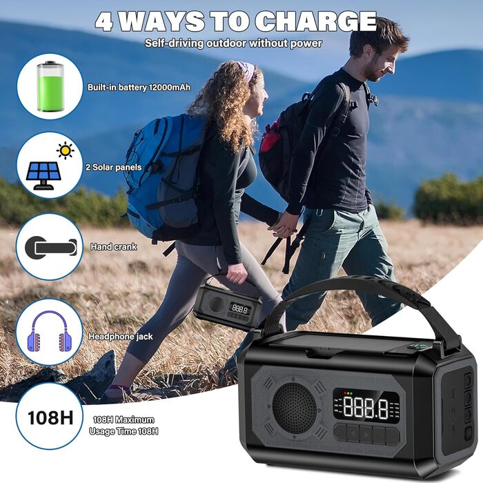Радіо на сонячних батареях з ручним заводом 12000 mAh, AM/FM/NOAA. Ліхтарик, зарядний пристрій для телефону, компас. Сірий