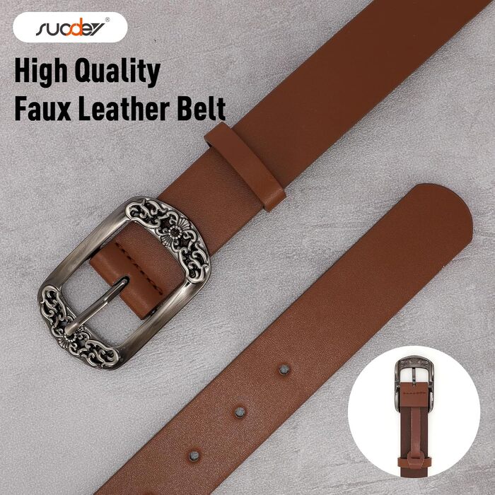 Жіночий шкіряний ремінь Suosdey, класичний чорний з квітковим пряжкою, для джинсів, суконь, модний аксесуар (колір: рудий коричневий, довжина 120 см, розмір: 93-103 см)