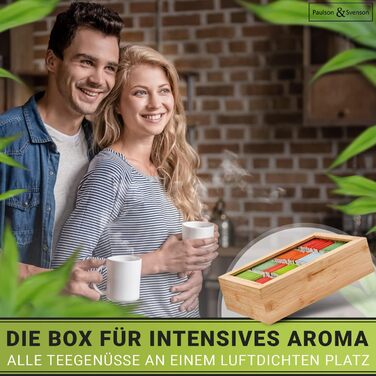 Paulson & Svenson® Sustainable Tea Box with 8 Compartments - Tea Bag Storage Made of Certified Bamboo Wood with Airtight Magnetic Closure and Viewing Window