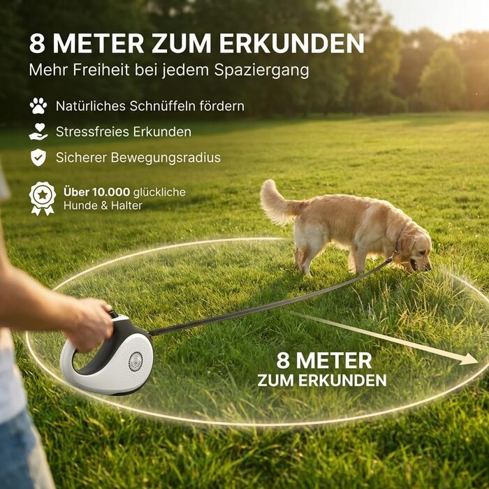 Витяжна поводок для собак HUND IST KÖNIG 8м для малих та великих собак | Міцний поводок до 50кг | Білий/Чорний