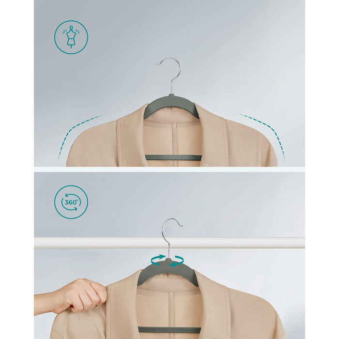 Набір вішалок SONGMICS 50 шт. для одягу, сірі, з неслизьким покриттям, з перекладиною для штанів, 360° обертовий гачок, тонкі, 43 см