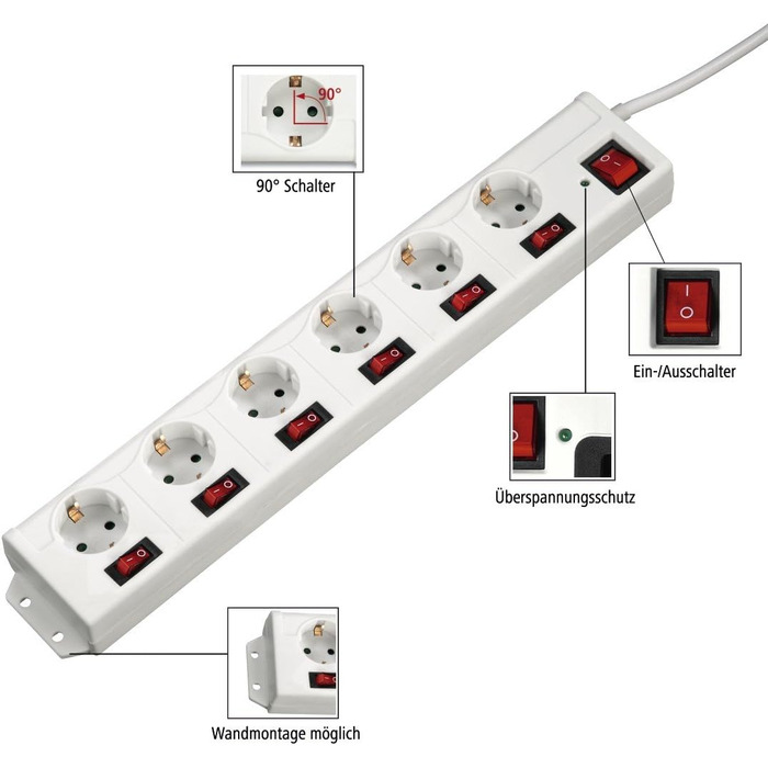 Мережевий фільтр Hama з 6 розетками, захист від перенапруги, поворот на 90°, монтаж на стіну, XL роз'єми, кабель 1,4м